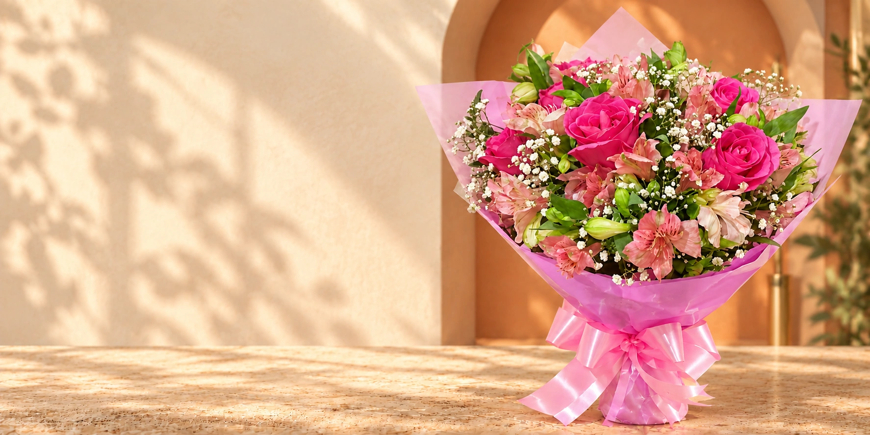 Buquê de rosas pink e astromélias da Luzia Flor em cenário elaborado com IA